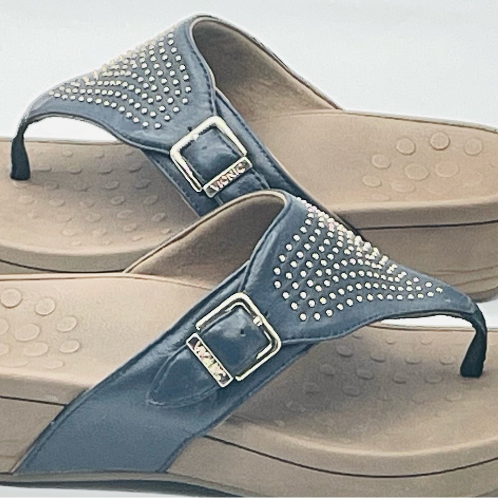 Vionic Capitola Blue Leather Gold Studded Platform Thong Sandals SZ 9